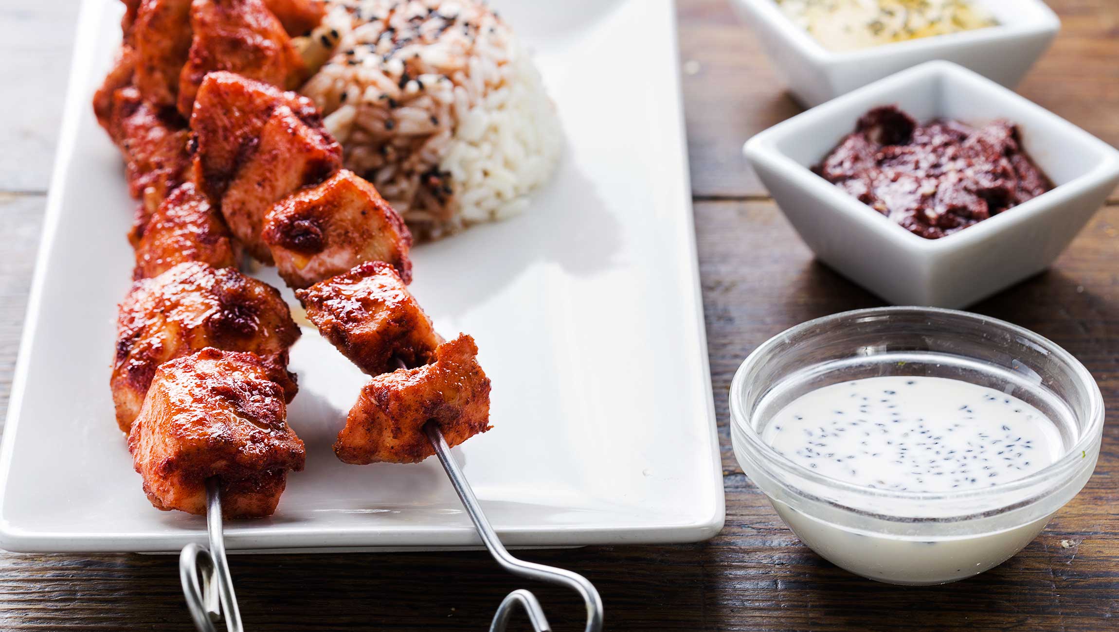 chicken skewers with rice